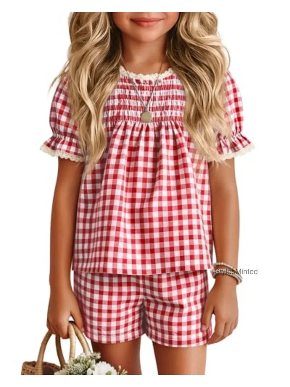Girls 2 Piece Gingham Short Set with Puff Sleeves and Lace Trim